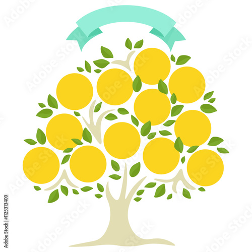 Green genealogical family tree with blank labels and leaves