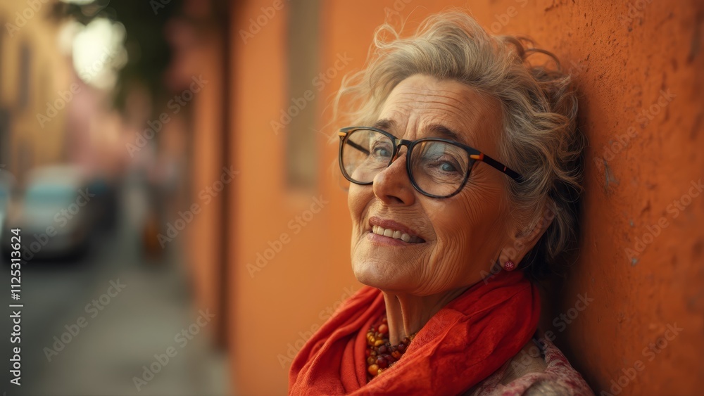 A smiling older woman leaning against an orange wall A smiling older woman leaning against an orange wall