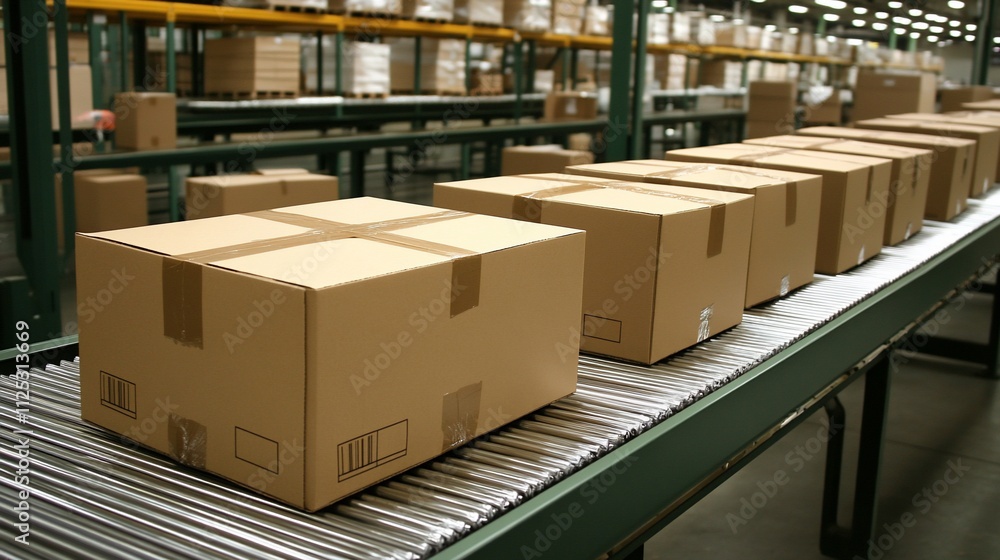 Cardboard boxes on conveyor belt in warehouse. (2) Cardboard boxes on conveyor belt in warehouse. (2)