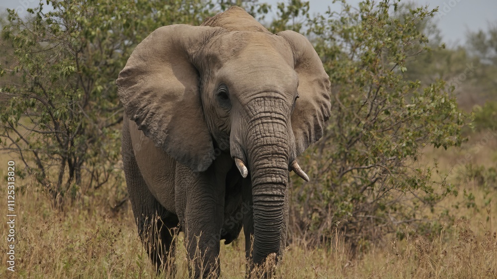 A large elephant standing in a grassy field next to trees A large elephant standing in a grassy field next to trees