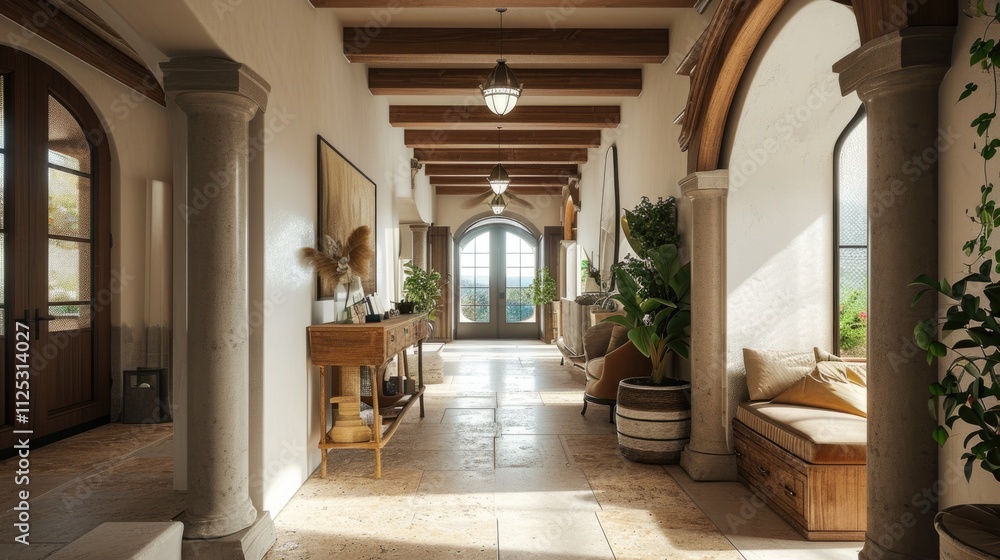 Obraz premium Rustic Farmhouse Hallway. Modern Entrance Design with Curved Columns in a Country House