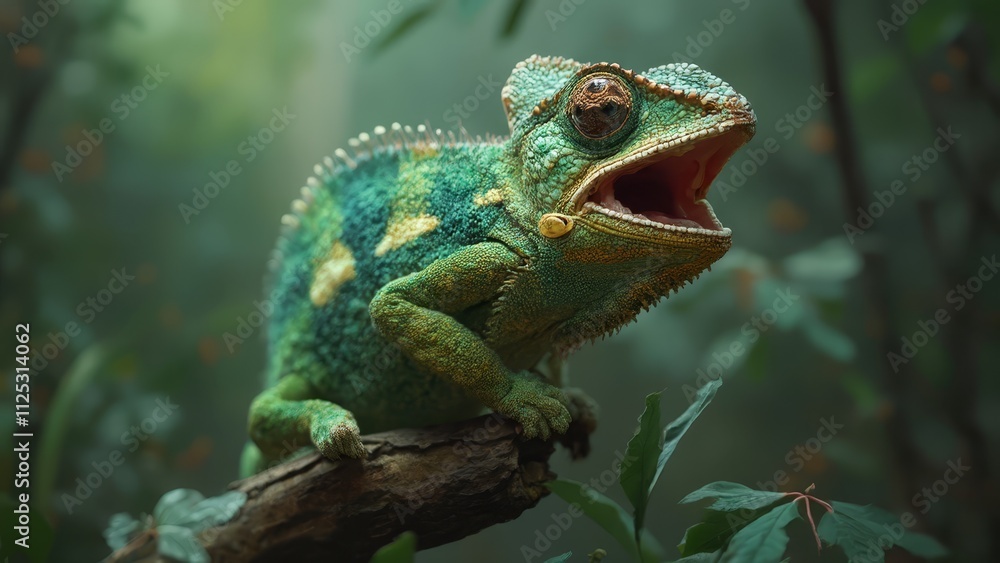 A green chameleon sitting on a branch with its mouth open A green chameleon sitting on a branch with its mouth open