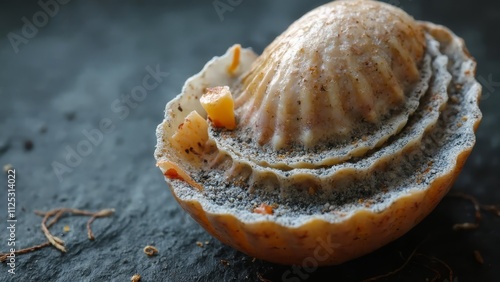 A close up of a scallop shell on a table