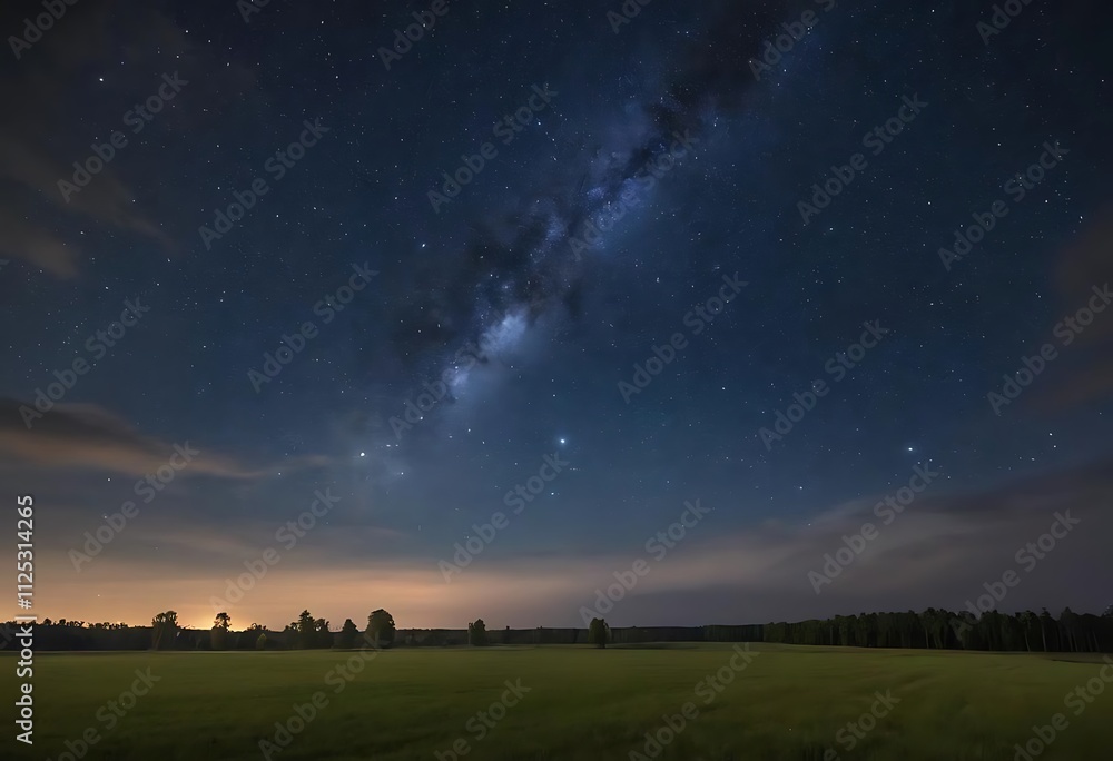 wide shot of a field at night. The Milky Way is prominent across a dark sky. Trees are in the distance. wide shot of a field at night. The Milky Way is prominent across a dark sky. Trees are in the distance.