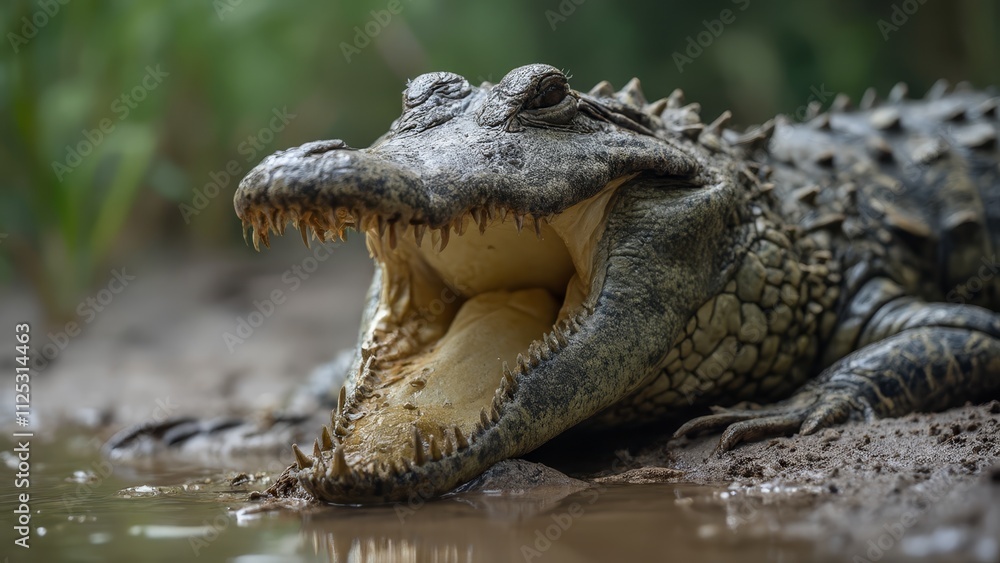 A large crocodile with its mouth open in the water A large crocodile with its mouth open in the water