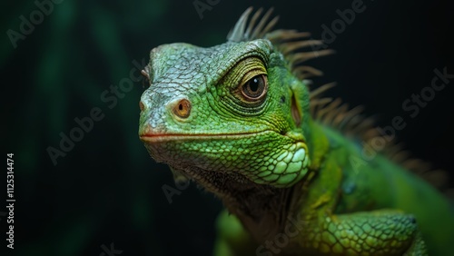 A close up of a green iguana on a black background