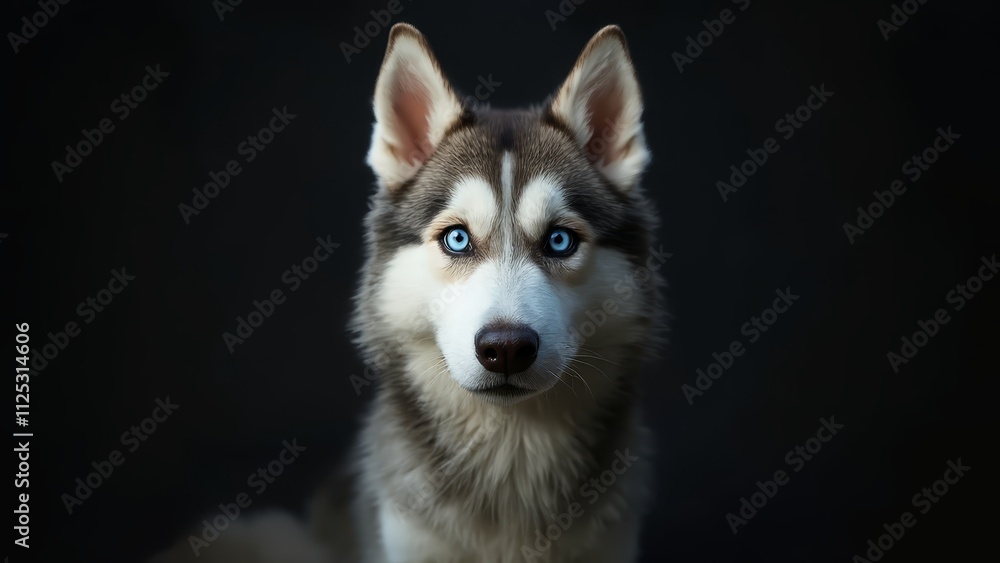 A husky dog with blue eyes sitting in the dark A husky dog with blue eyes sitting in the dark