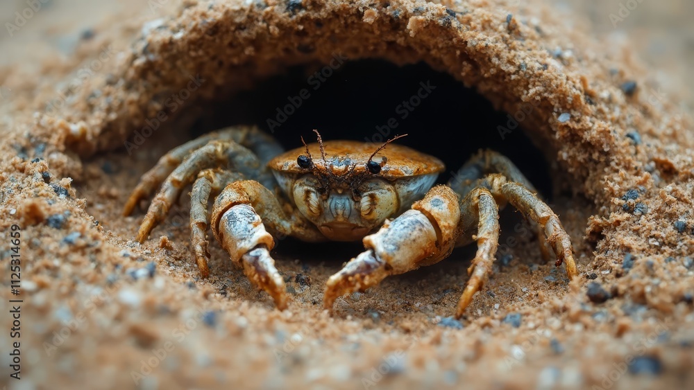 A small crab is sitting in a hole in the sand A small crab is sitting in a hole in the sand