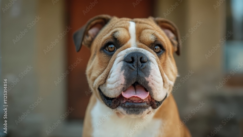 A brown and white bulldog sitting in front of a house A brown and white bulldog sitting in front of a house