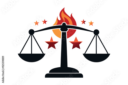 justice on fire: scales of balance with flames and stars