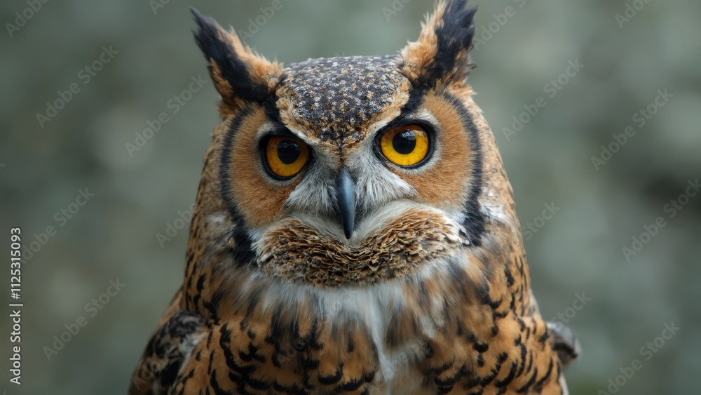 A close up of an owl with yellow eyes A close up of an owl with yellow eyes
