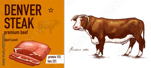 Sirloin steak banner in Vintage style. Hand drawn Cow poster. Farm cattle bulls. Slice of meat tenderloin. Engraved hand drawn Line art. Monochrome sketch.