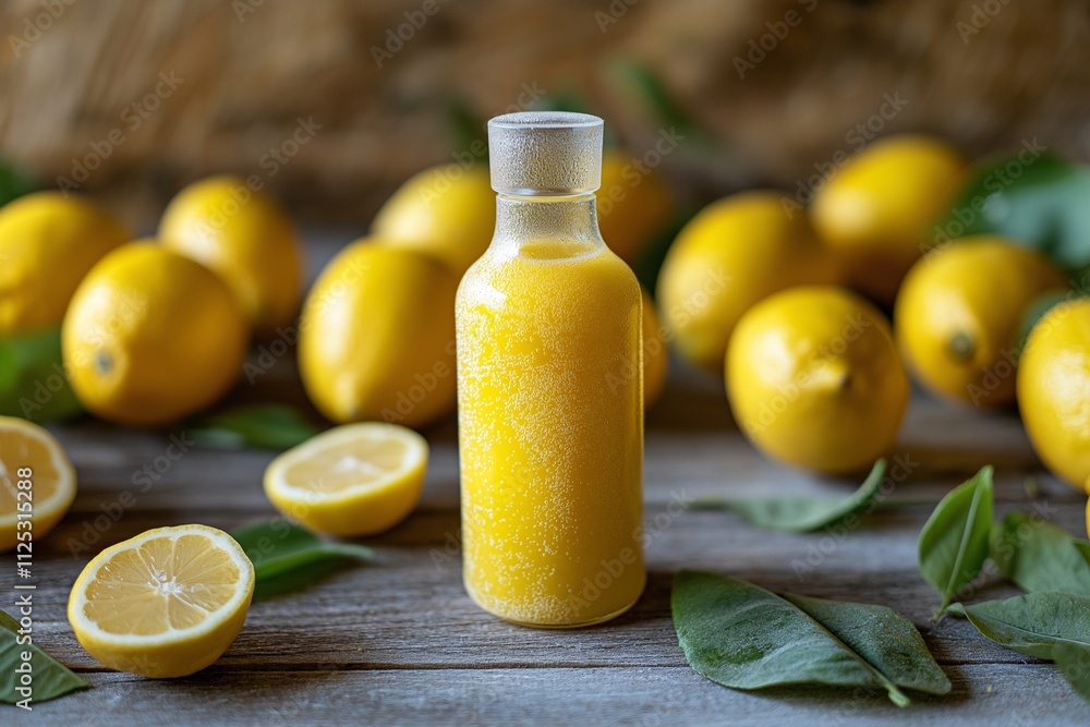 Small Glass Bottle of Lemon Juice Surrounded by Fresh Lemons Small Glass Bottle of Lemon Juice Surrounded by Fresh Lemons