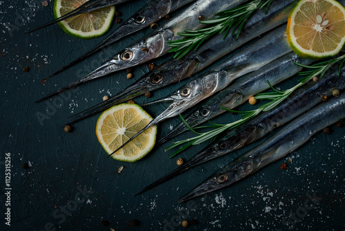 Fresh, Black Sea fish. raw, sargan, sea pike, top view, no people, photo