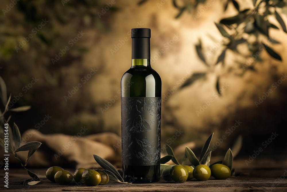 Obraz premium Olive Oil Bottle Surrounded by Olives and Olive Leaves