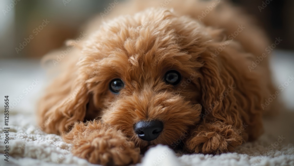 A small brown dog laying on top of a white rug A small brown dog laying on top of a white rug