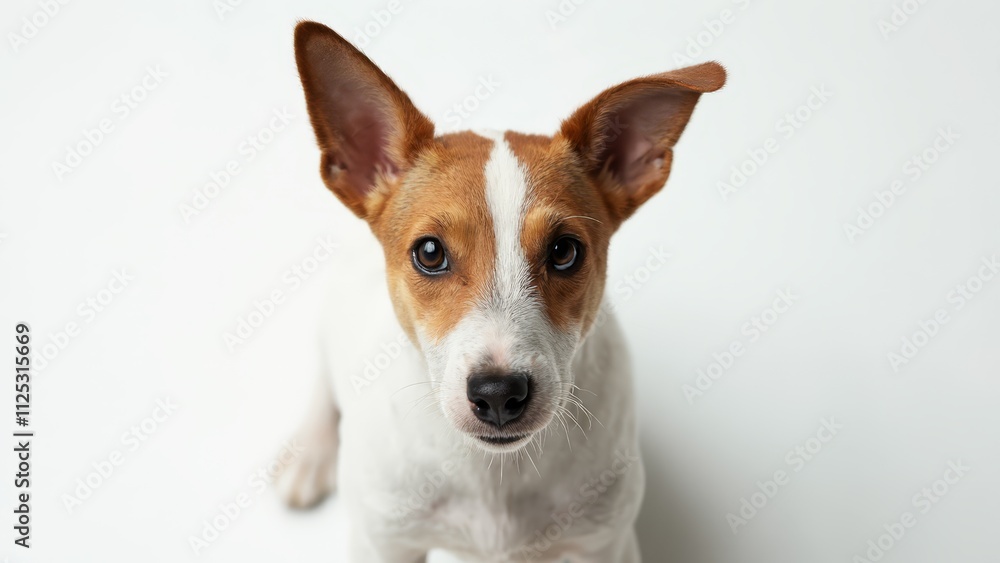 A small brown and white dog sitting on a white surface A small brown and white dog sitting on a white surface