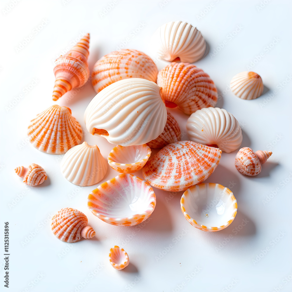 Collection of beautifully striped seashells on a light background, photography of still life concept. Collection of beautifully striped seashells on a light background, photography of still life concept.