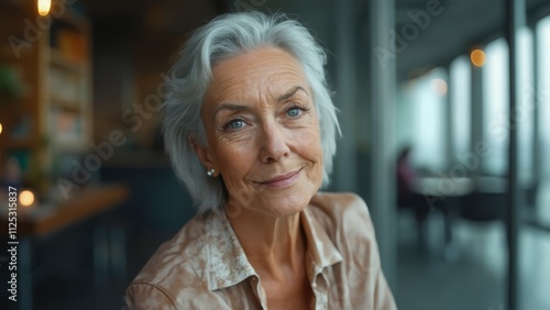 A woman with grey hair smiling at the camera