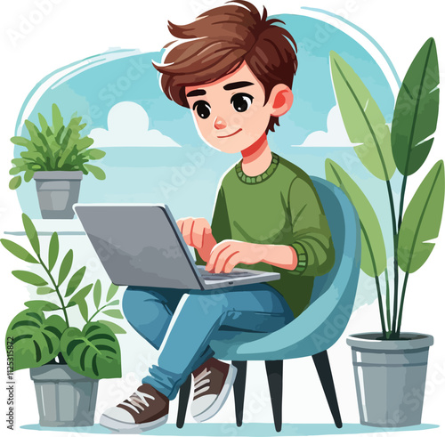 a boy is using his laptop vector