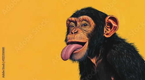 Un chimpanzé avec la langue tirée, expression amusante sur le visage, sur fond orange.