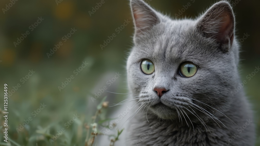 A gray cat with green eyes sitting in the grass A gray cat with green eyes sitting in the grass