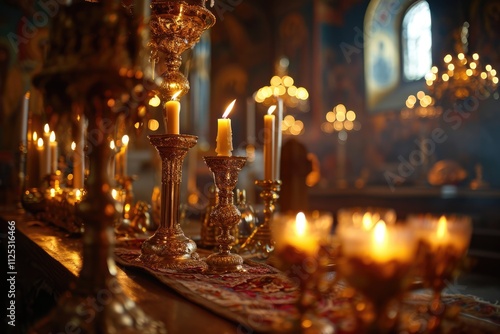 Sacred Light: Closeup of Orthodox Church Interior with Candles and Chalice