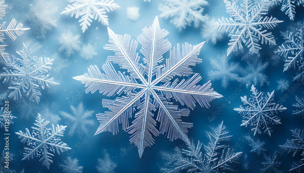 Close-up of intricate snowflakes on icy blue background, winter design, frosty patterns, seasonal nature, frozen details, copy space for text. Close-up of intricate snowflakes on icy blue background, winter design, frosty patterns, seasonal nature, frozen details, copy space for text.