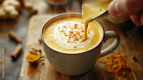 Pouring frothed milk into turmeric latte.