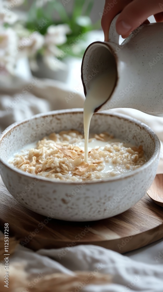 Pouring warm milk over oatmeal. Pouring warm milk over oatmeal.