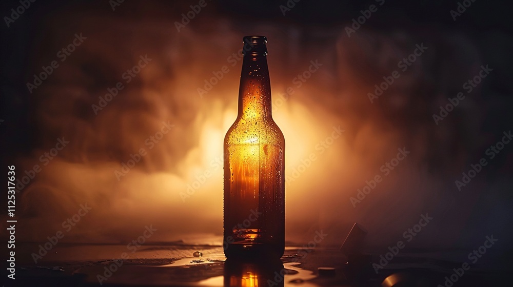 Backlit amber beer bottle glowing in a dramatic moody landscape featuring a cloudy misty sunset sky The bottle is reflected in the wet ground creating a serene atmospheric composition Backlit amber beer bottle glowing in a dramatic moody landscape featuring a cloudy misty sunset sky The bottle is reflected in the wet ground creating a serene atmospheric composition
