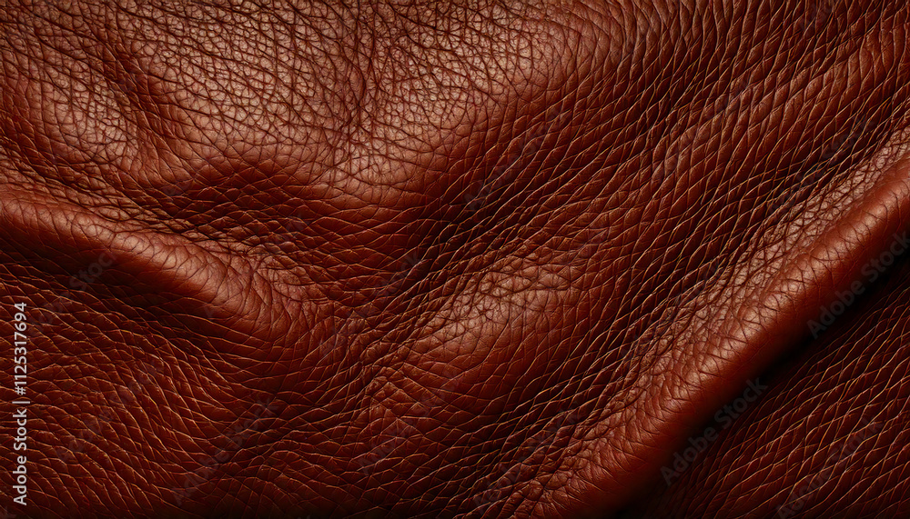 Folded brown leather with natural creases and grain, premium upholstery material, textured design, vintage style, close-up detail, copy space. Folded brown leather with natural creases and grain, premium upholstery material, textured design, vintage style, close-up detail, copy space.