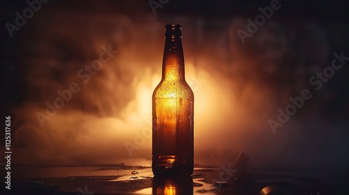 Backlit amber beer bottle glowing in a dramatic moody landscape featuring a cloudy misty sunset sky  The bottle is reflected in the wet ground creating a serene atmospheric composition