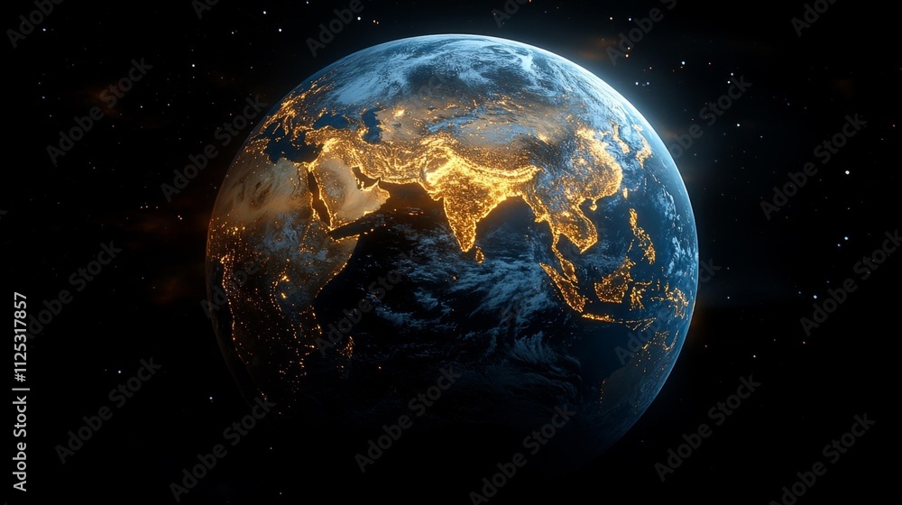 3D render of Earth with global network and connectivity golden light lines from the Middle East to the Arabian Sea. Generative AI 3D render of Earth with global network and connectivity golden light lines from the Middle East to the Arabian Sea. Generative AI
