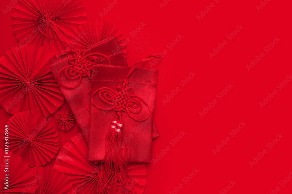 Obraz premium Chinese New Year 2025 .Decor pattern fan on red background. Red paper fans .Lunar New Year banner template. Lunar New Year,chinese banner,chinese new year background
