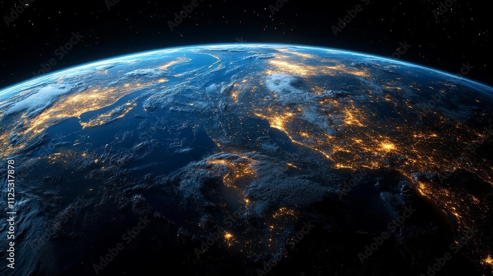 Obraz premium 3D render of Earth with golden light lines representing global network and connectivity. Generative AI