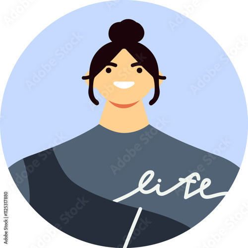 Portrait of a cheerful young woman with a big smile, wearing a stylish top with life written on it, exuding positivity and enjoying life to the fullest