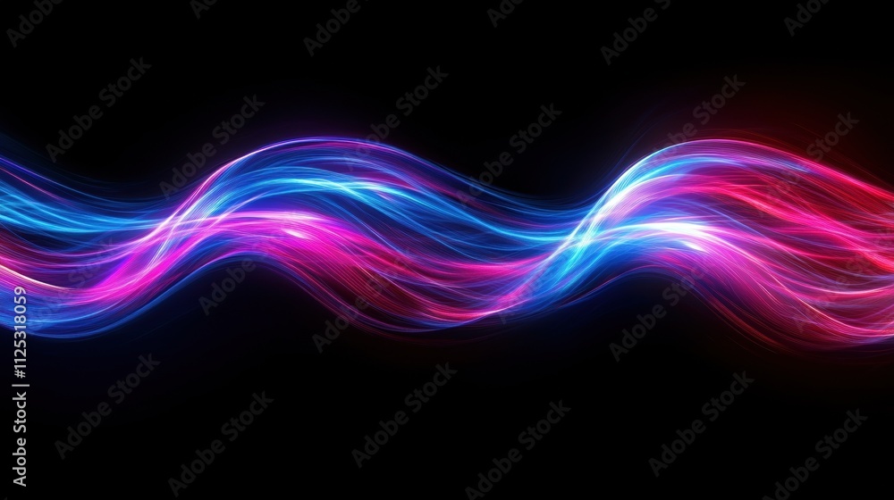 Vibrant neon light wave on black background with blue and pink swirls Vibrant neon light wave on black background with blue and pink swirls