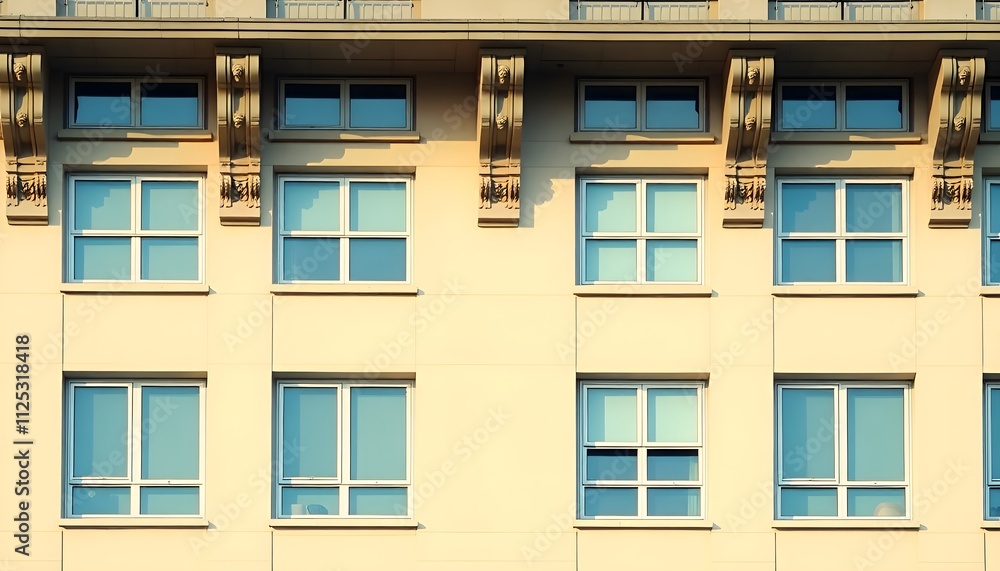 Fototapeta premium Facade Of Modern Residential Building With Symmetrical Window Arrangement