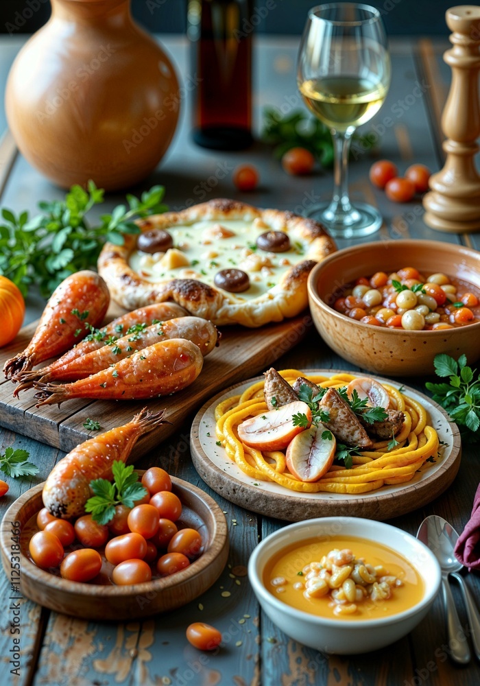 Elegant Greek seafood dishes with amphora of wine in a photorealistic setting Elegant Greek seafood dishes with amphora of wine in a photorealistic setting