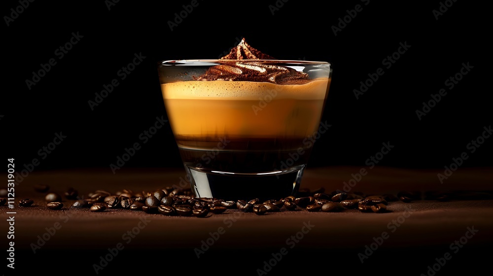 A dark espresso shot resting in a glass cup with delicate crema on top A dark espresso shot resting in a glass cup with delicate crema on top