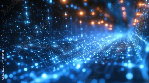 Futuristic cyber space with blue light particles in motion