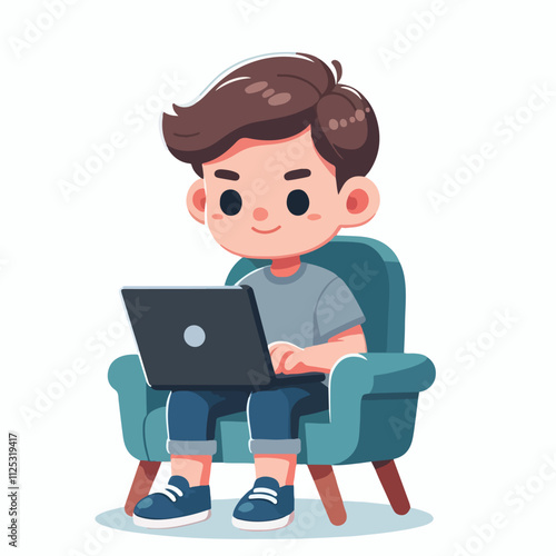 a boy is using his laptop vector