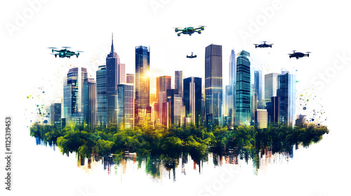 futuristic city skyline in 2025 with eco-friendly skyscrapers and flying vehicles, on a seamless white background photo