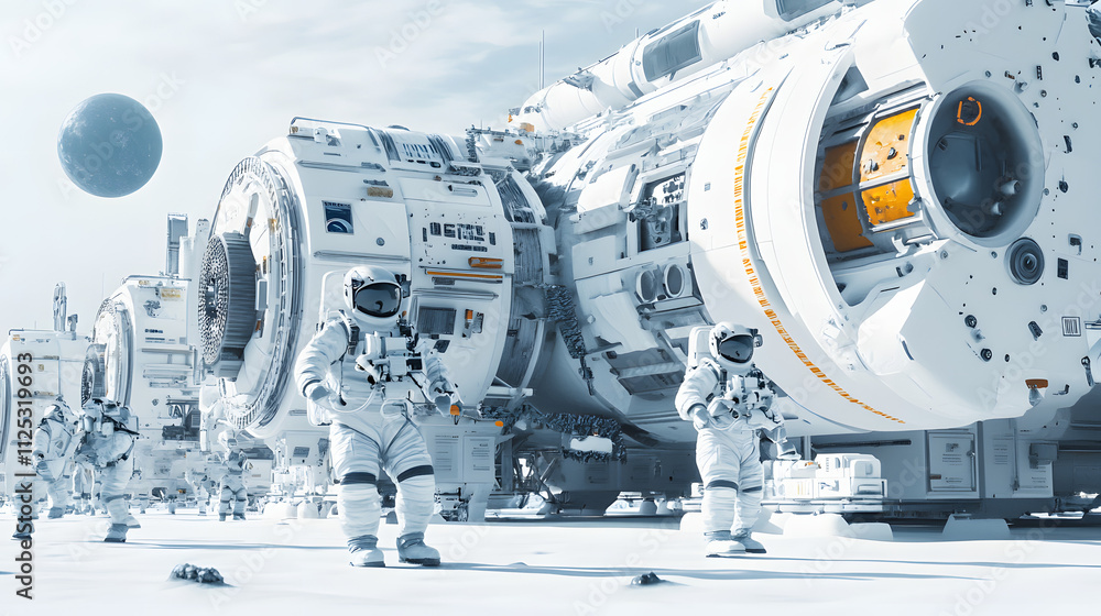 Fototapeta premium depiction of space exploration in 2025 with astronauts and a modular space station, on a seamless white background