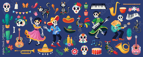 Fotografía Day of Dead, Dia de los muertos, flat vector illustrations set in mexican traditional clothes