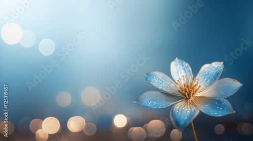 Dew drops on a blue flower, soft background, space on the left, Golden Hour LightingDew drob on  a yellow flower, soft backgroundt,generative ai illustration photo