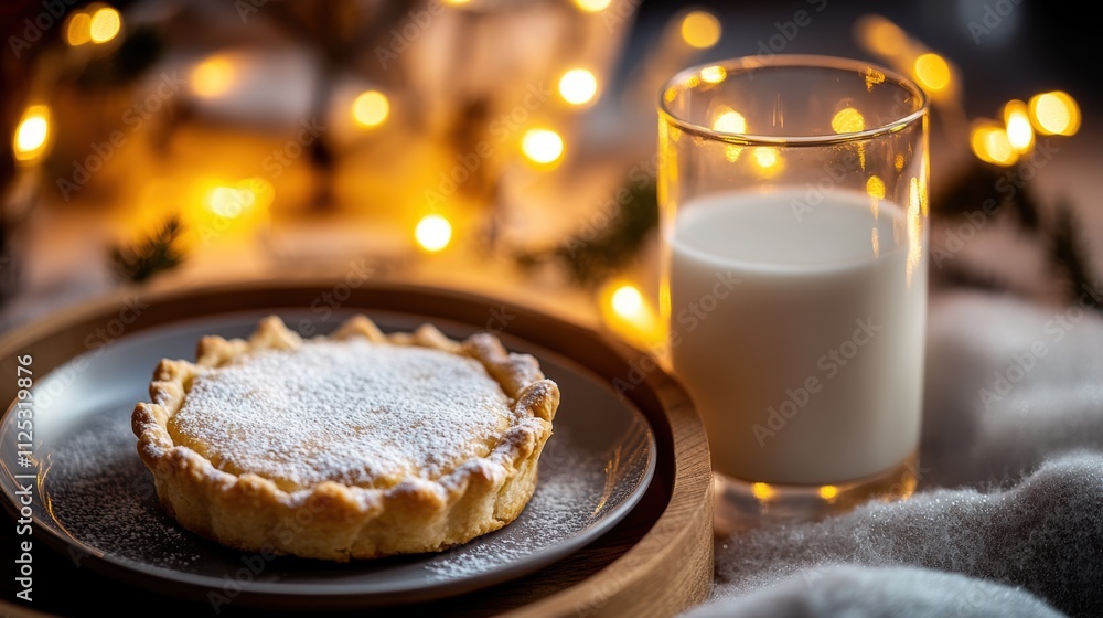 Delicious pastry with powdered sugar and a glass of milk on a cozy table surrounded by warm lights Delicious pastry with powdered sugar and a glass of milk on a cozy table surrounded by warm lights