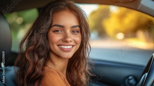 Smiling woman in car with wavy hair enjoying a sunny day