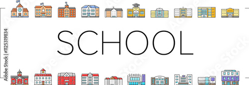 building school exterior modern icons set vector. facade kid, public high, campus brick, student education, college, outside building school exterior modern color line illustrations